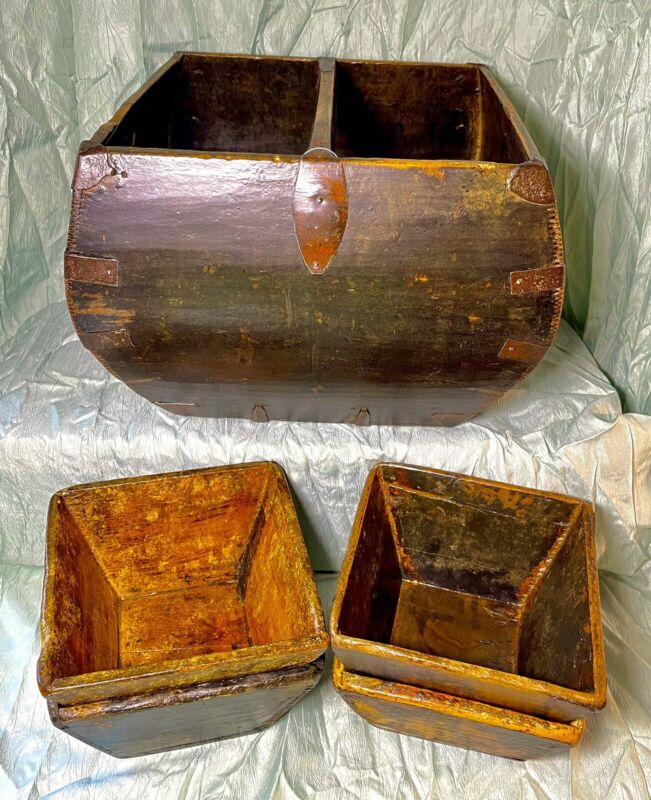 Antique Chinese Elmwood Rice Measure Basket & 4 Bowls Shanxi 1920-1930 Dovetail
