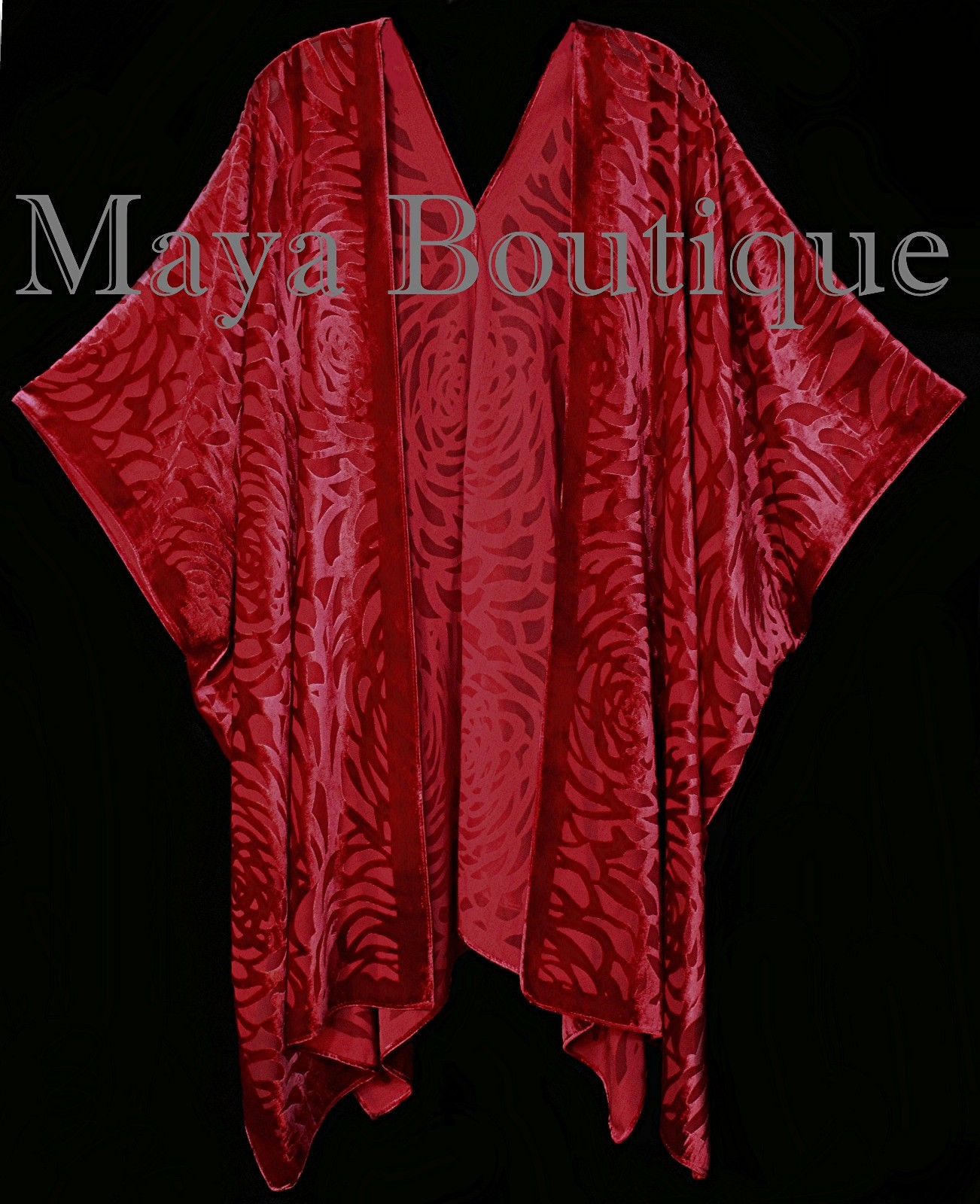 Pre-owned Maya Matazaro True Red Camellia Burnout Velvet Caftan Kimono Jacket Usa Made