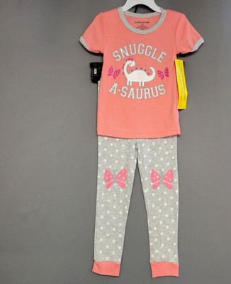Bobbie Brooks Pj Sleepwear Set Girls Youth 5/6 Pink Graphic Dino Pants Tee New