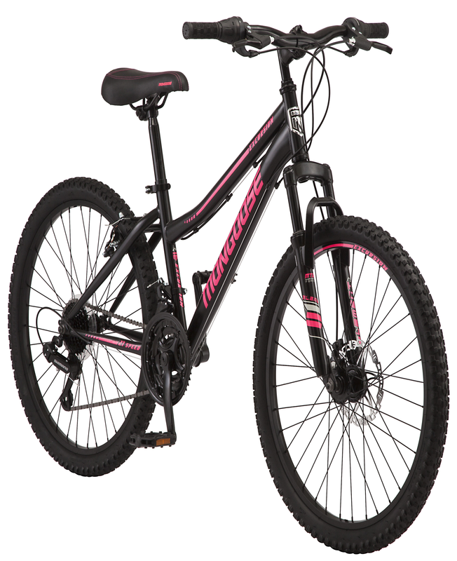Mountain Bike Bicycle Girls 24 In. Wheels 21-Speed Black Pink Front Suspension