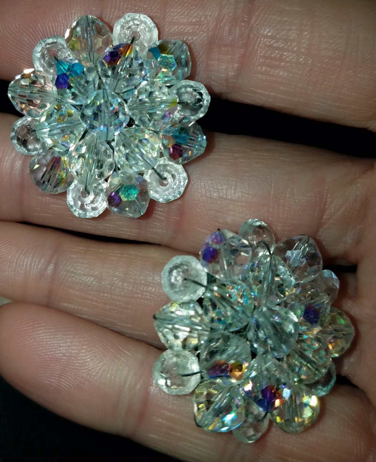 Vintage Aurora Borealis Clear Faceted Iridescent Bead 1950's Clip On Earrings