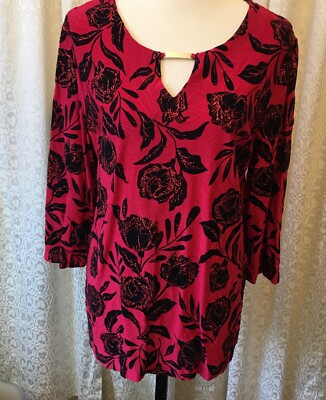J M Collection XL Woman's Top, Bright Red w/Black Flocked Flowers & Red Glitter