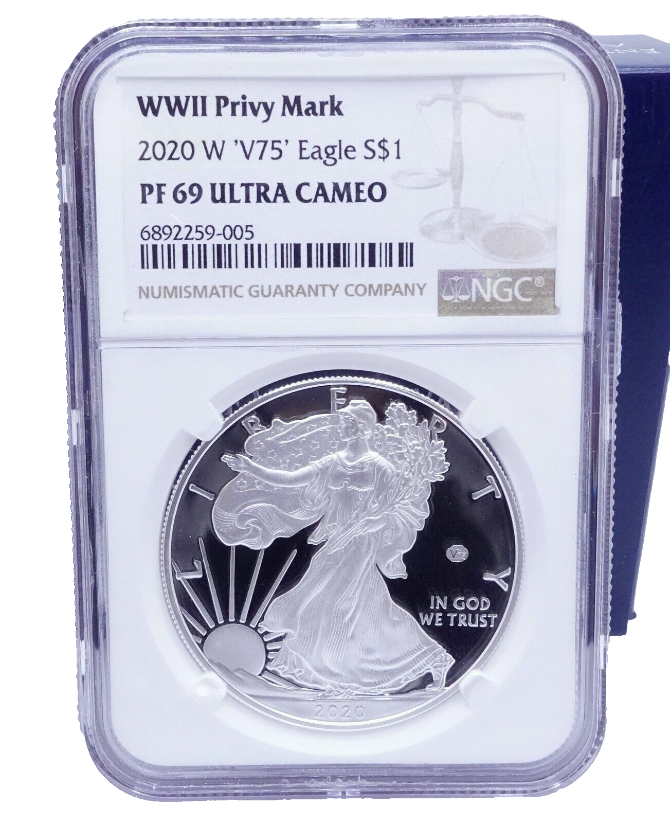 2020-W WWII Privy Mark V75 Eagle Silver $1 Coin - NGC PF 69
