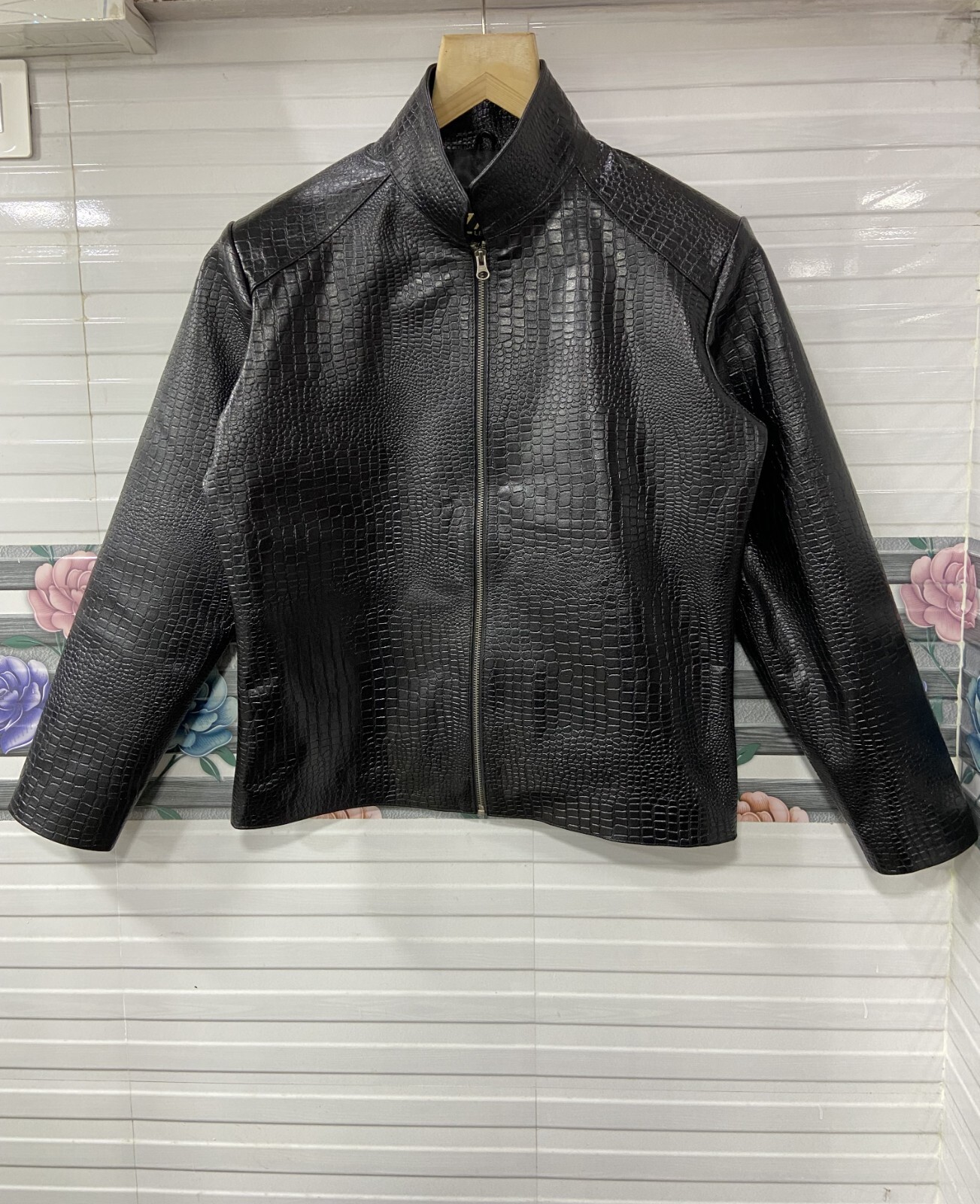 【Raucohouse】Embossed biker leather jacket Men Black Croco Embossed 100% Real Leather Biker Jacket