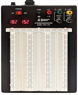 Powered Solderless Breadboard, 2390 Tie Points, 2 LCD Voltmeters, 3 DC Supplies