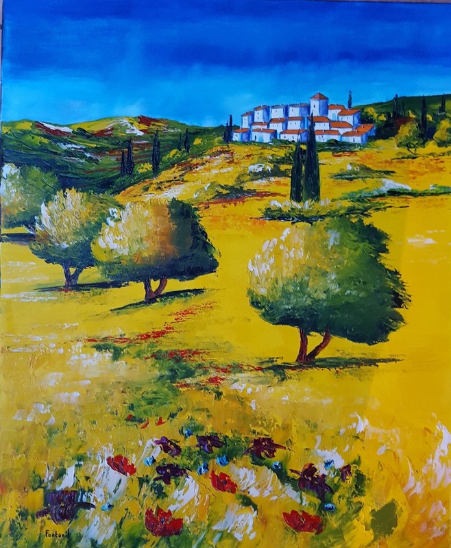 Tableau Original Contemporain 65x54 Cm Oil Painting Canva Village De Provence
