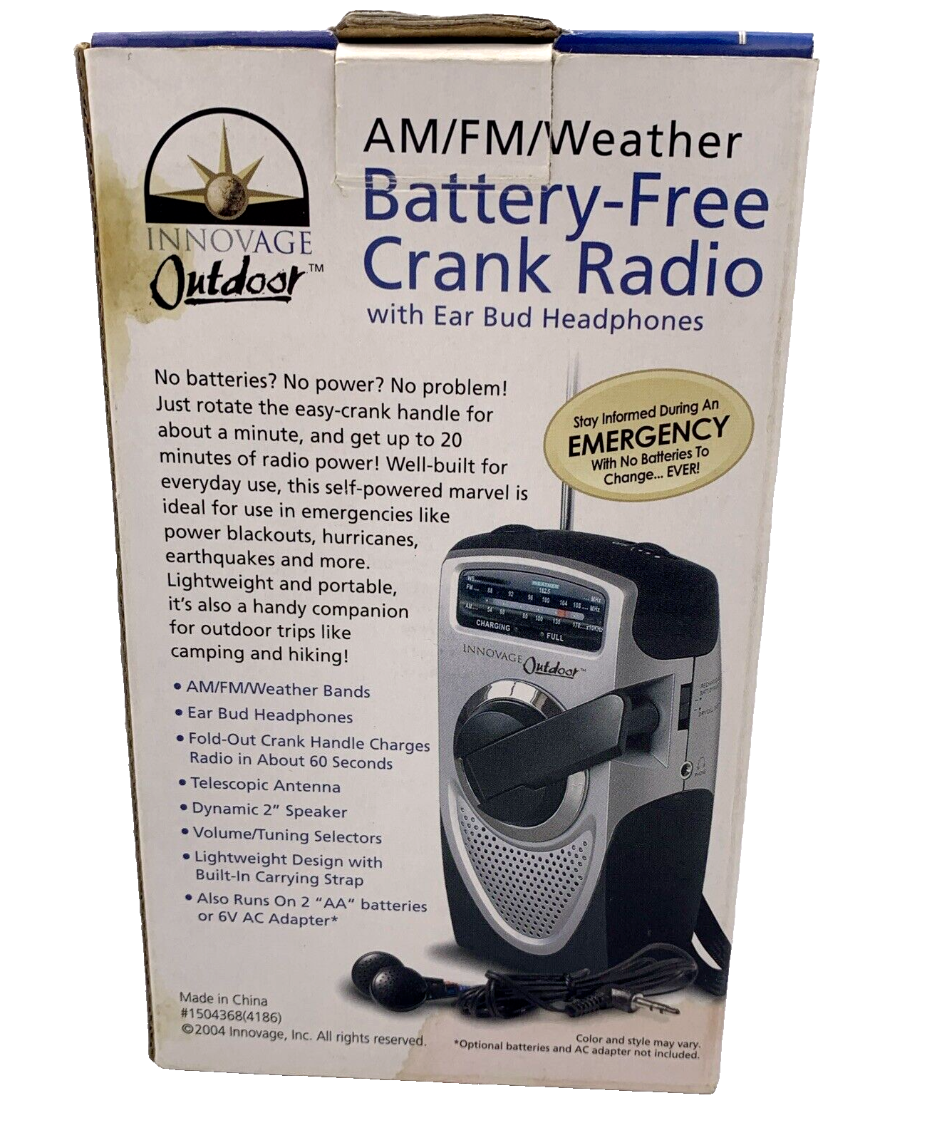 Innovage Outdoor AM/FM/ Weather Battery-Free Crank Radio with Ear Bud Headphones