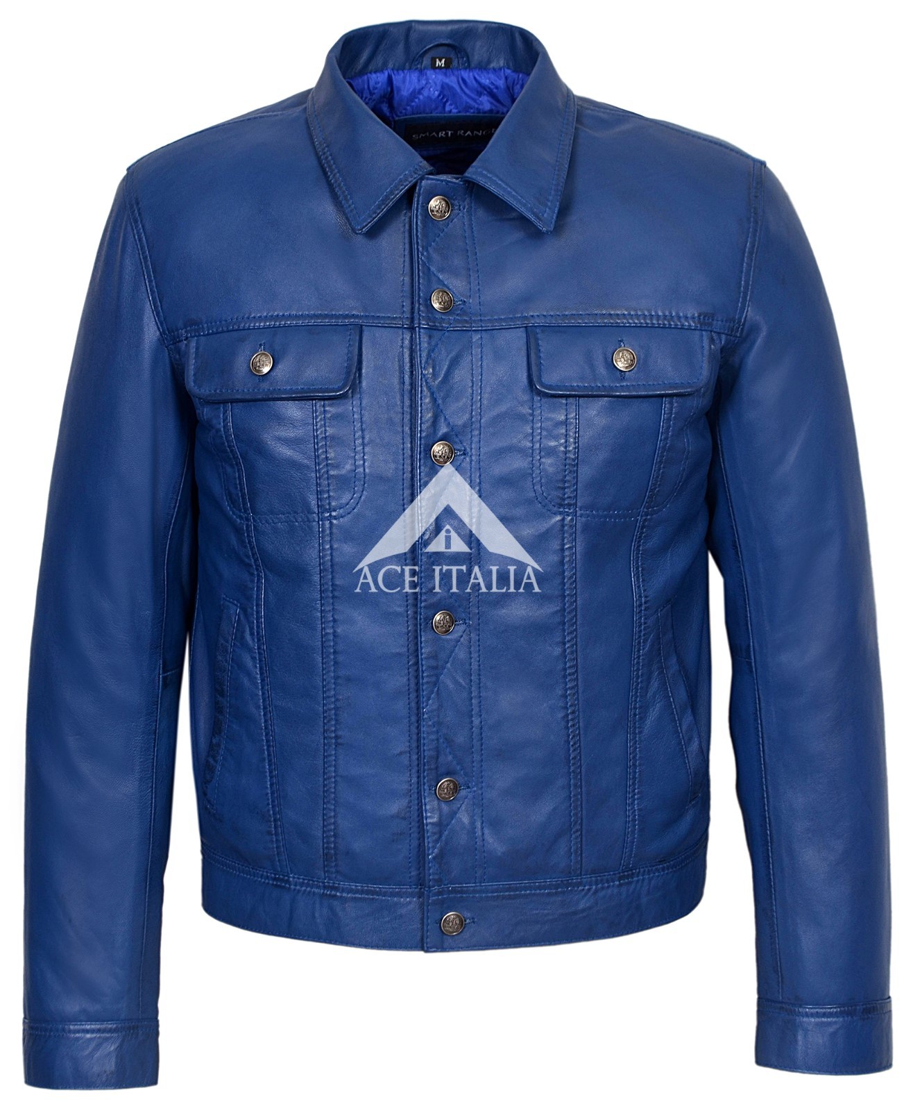 Mens Trucker Jacket Blue American Western Genuine Lambskin