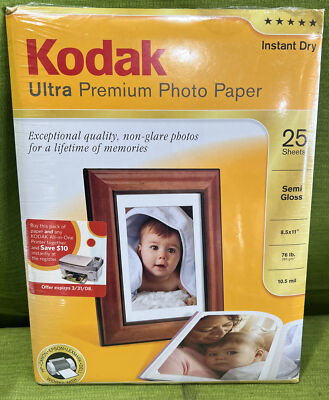 Kodak Ultra Premium Instant Dry Photo Paper 25 Semi Gloss Sheets 8.5 x 11 Sealed