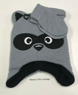 Toddler Raccoon Face Beanie Cap Mittens Combo NEW Gray Winter Weather Hat Set