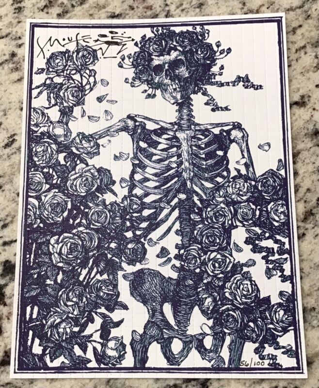 Blotter Art Blue Tatoo Skeleton & Roses Signed & Numbered By Stanley Mouse