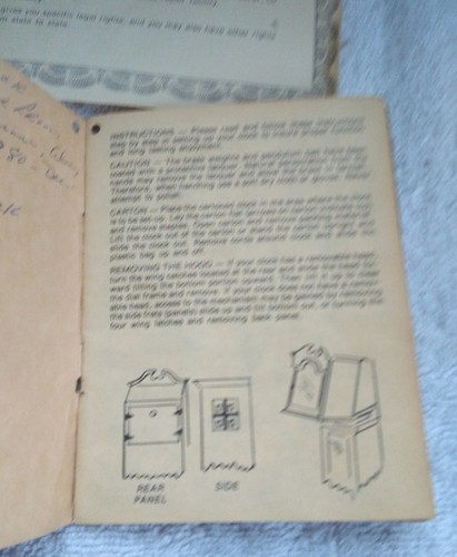 Vintage Seth Thomas  Grandfather Floor Clock owners manual w/ warranty paper