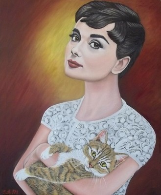 Painting -  Lady And A Cat (audrey Hepburn) -  Size 20"x 16" X 5/8"