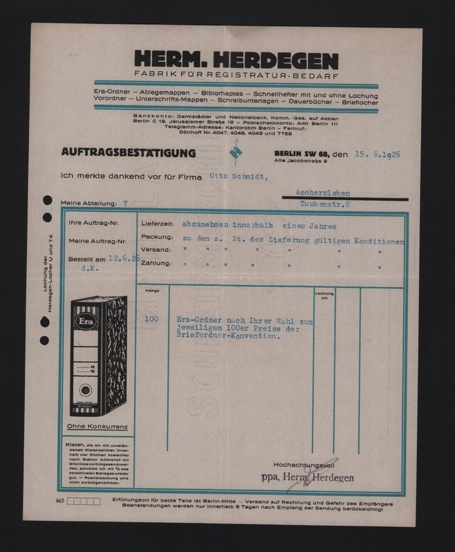 Berlin, Rechnung 1926, Herm. Herdegen Fabrik FÃ¼R Registratur-Bedarf
