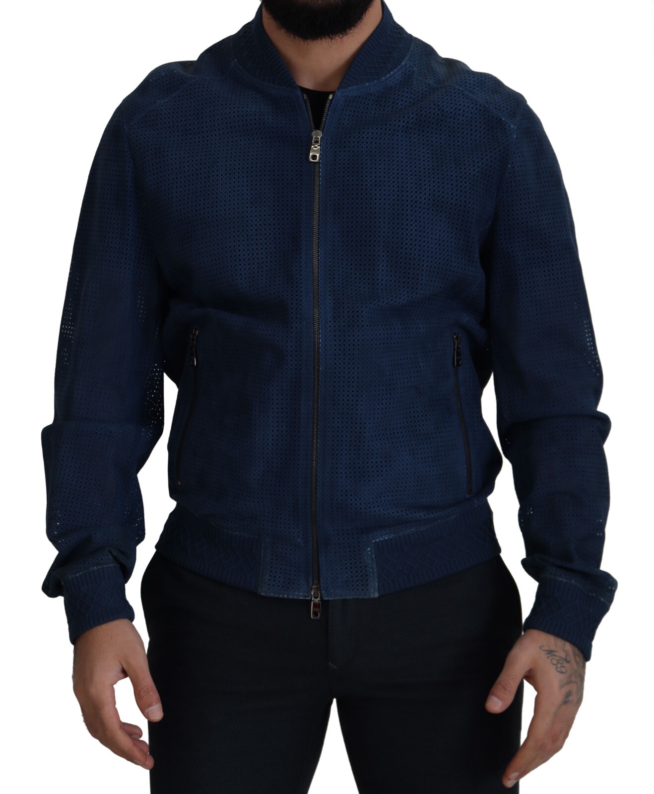 DOLCE & GABBANA Jacket Blue Leather Perforated Full Zip Men