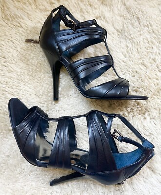 $69.99 BRAND NWT BOX GUESS BLACK LEATHER GLADIATOR HIGH HEELS SHOES SIZE 7.5 M