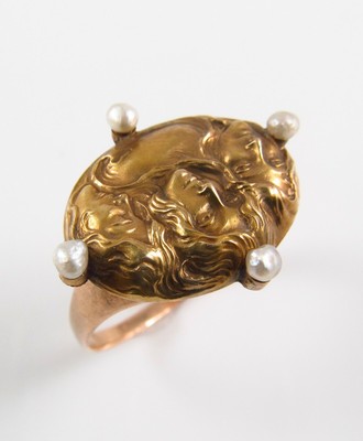 14k Gold Art Nouveau Three Graces Portrait Pearl Conversion Ring Size 8.75