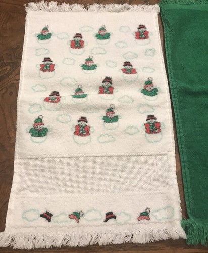 3 Vintage Christmas Finger Tip Towels Hand Towels Holiday Cotton Santa Snowman