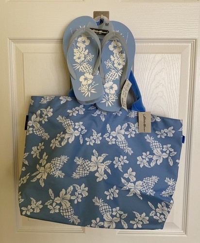 Eddie Bauer Canvas Blue Tote Bag & Flip Flops Set White