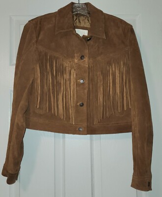 American Eagle Womens Real Cow Hide Leather Brown Fringe Jacket Size S NWT 