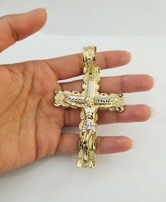Pre-owned Globalwatches10 Real 10k Gold Nugget Cross Pendant Diamond Cut 10kt Yellow Gold Charm