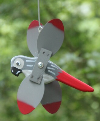 African Grey Parrot Mini Whirligigs Whirligig Yard Art Hand made from wood