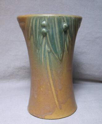 Vintage McCoy Pottery Leaves & Berries Matte Brown/Green Hourglass Vase 5 1/4''