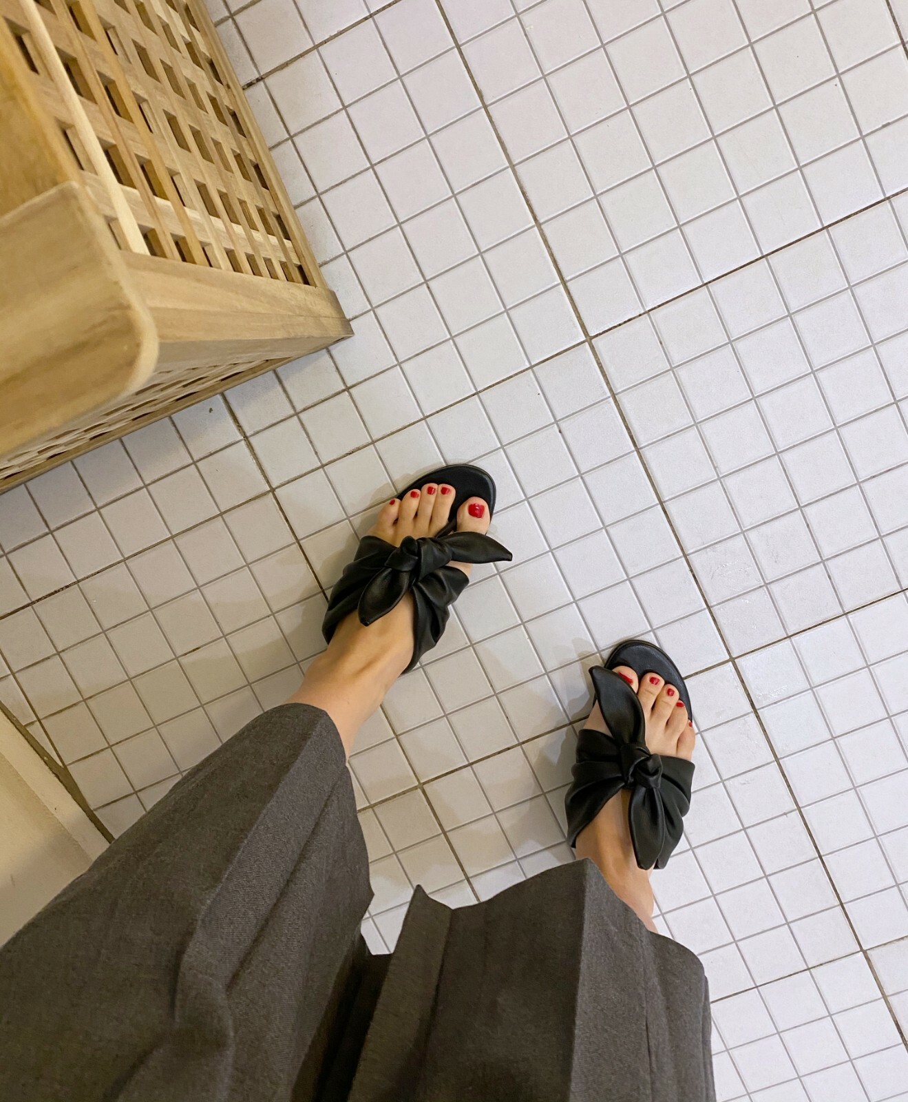 Pre-owned Handmade Women Lamb Skin Leather Bow Tie Mule Slide Sandals Shoes Sander Minimal In Black