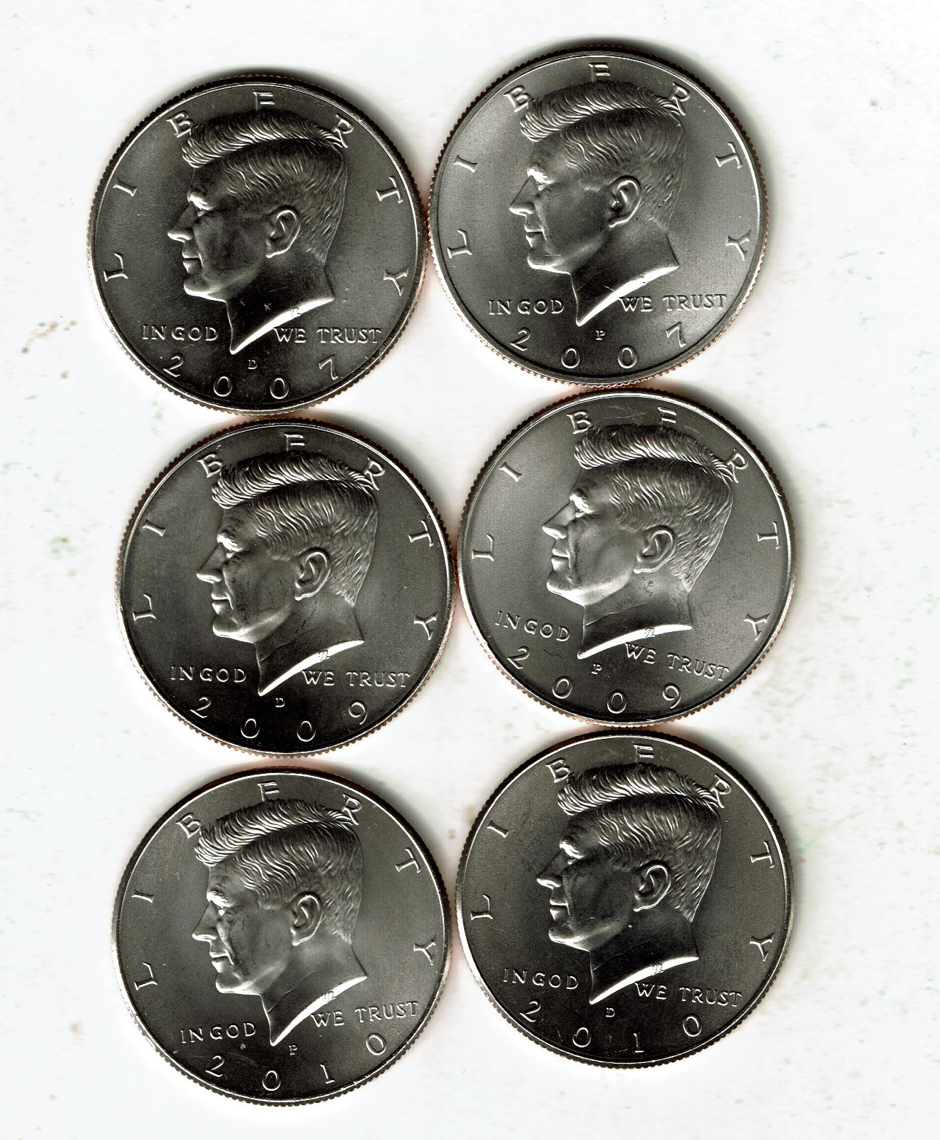 2007, 2009 and 2010 P D Uncirculated Kennedy Half Dollars from Mint Sets.