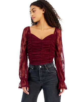 MSRP $32 Self Esteem Juniors' Ruched Lace Sweetheart-Neck Top Wine Size Medium