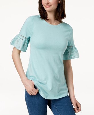 Charter Club Ruffled Eyelet Sleeve Top Mint Aqua M