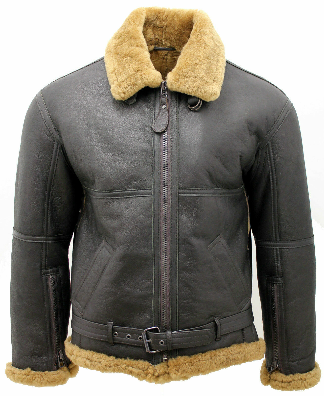 Pre-owned Infinity Men's Brown Raf Real Shearling Sheepskin Flying Leather Jacket With Ginger Fur