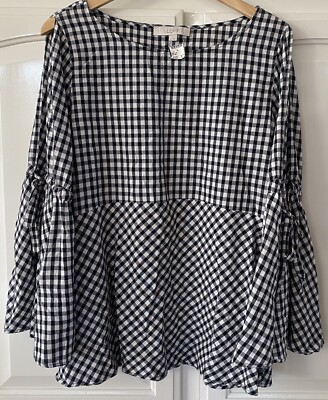 ANN TAYLOR LOFT Black And White Check Blouse w/ Bell Sleeves Women's Size Medium