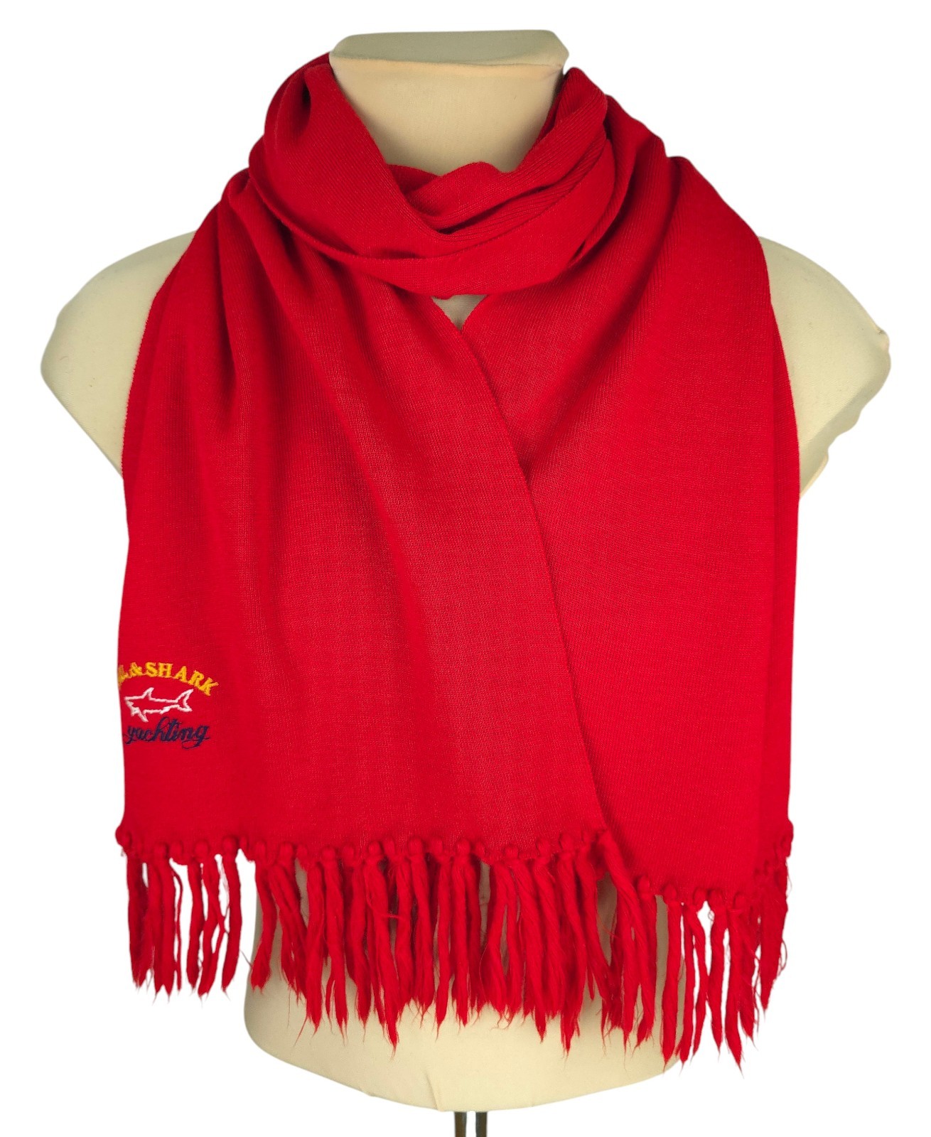 Vintage Paul & Shark Red Wool Blend Scarf with Fringe 30x167 cm