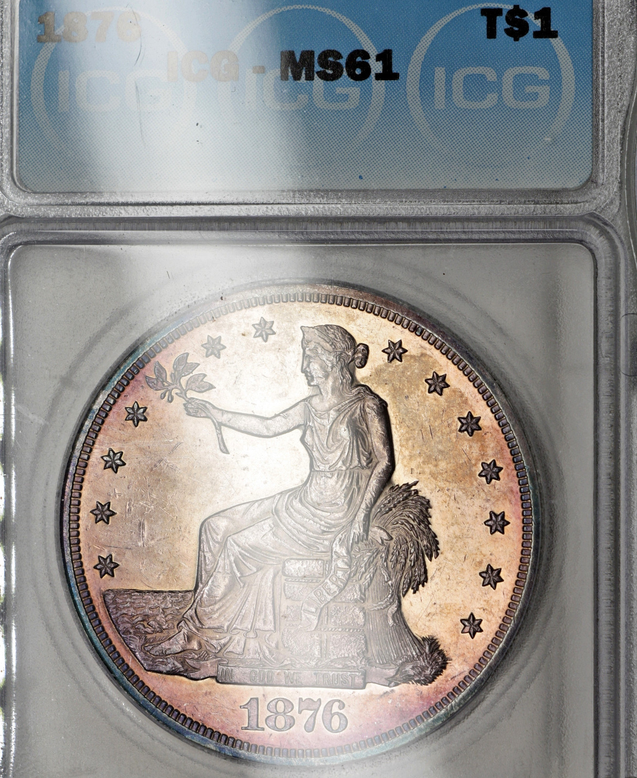 1876-P MS61 Trade Silver Dollar $1, ICG Graded, Nicely Toned & Prooflike Obverse