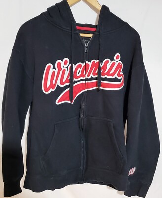 Wisconsin Badgers Hoodie Sweatshirt Large Full Zip Black Sewn Logo Lettering