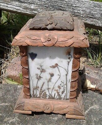 Antique Hand Carved Wooden Night Light w 4 Glass Panels w Dried Flowers