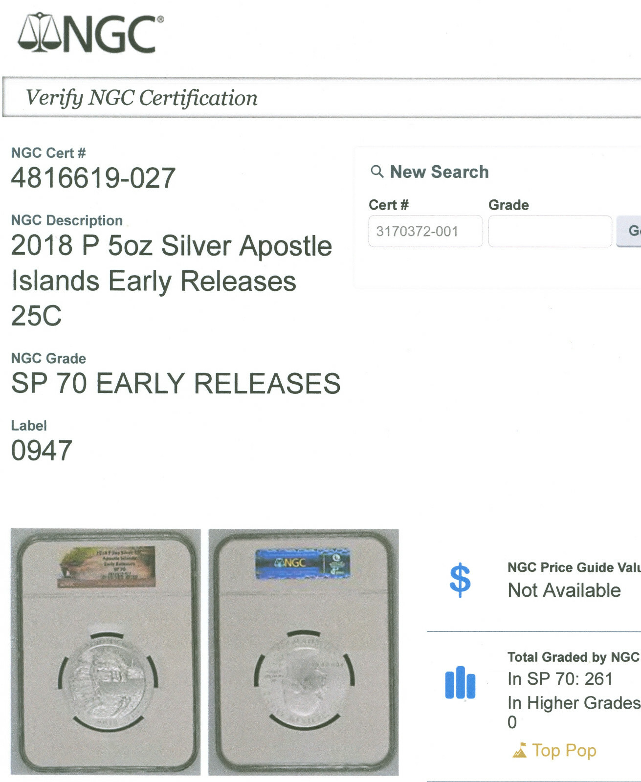 2018 P ATB-25C-5oz Silve Apostle Islands-Michigan-NGC SP70, ER-NGC-4816619-027