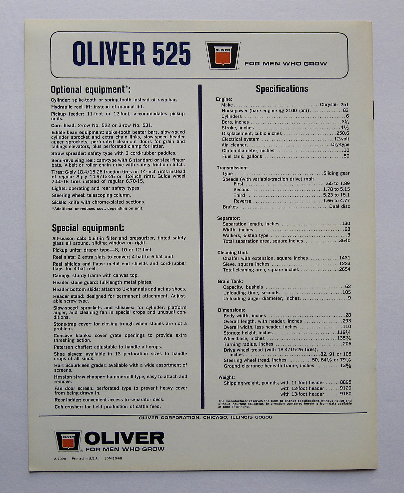 1968 Oliver 525 Combine Brochure