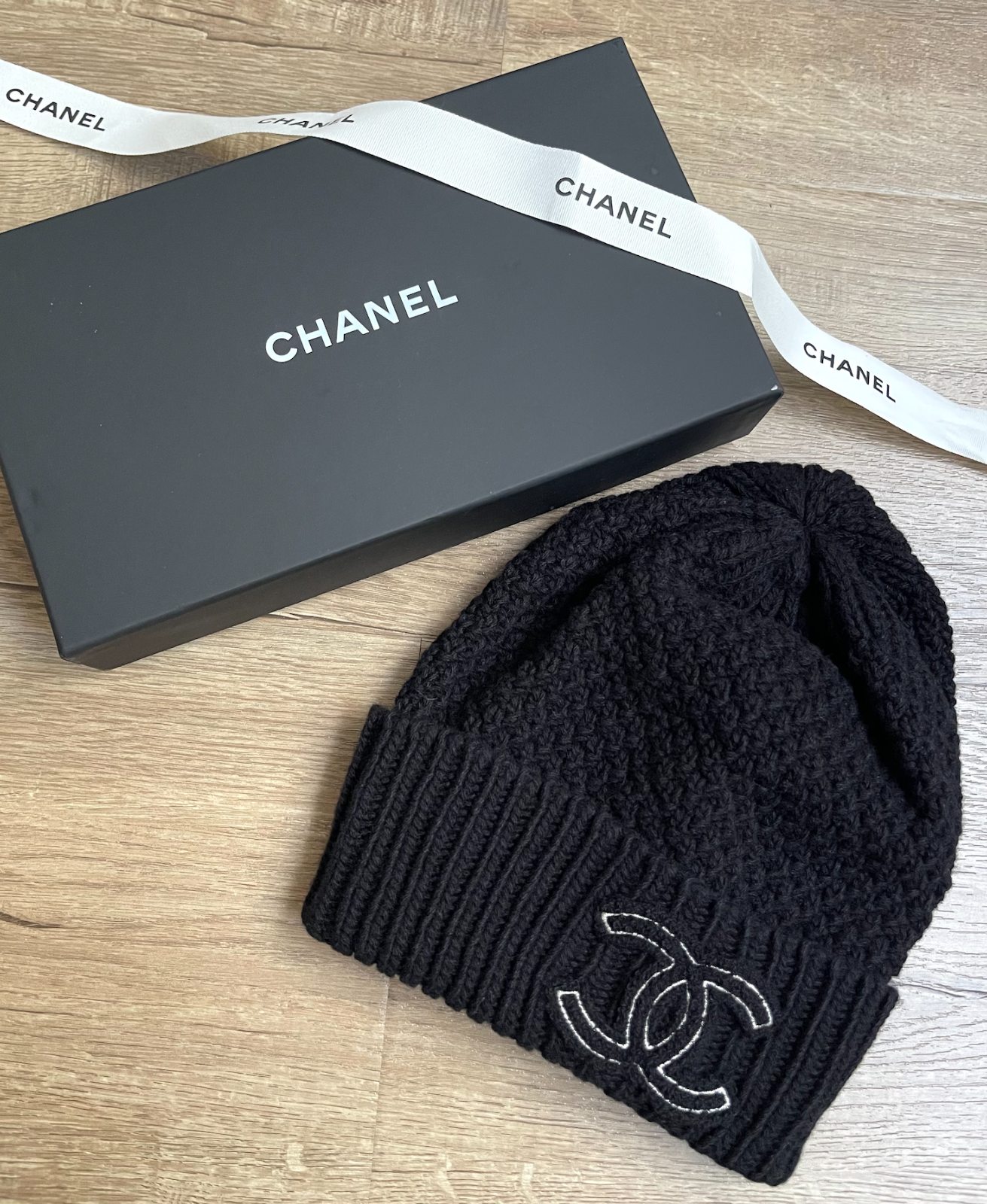 NEW Chanel Cashmere 24N Knit Beanie Black CC Gold logo