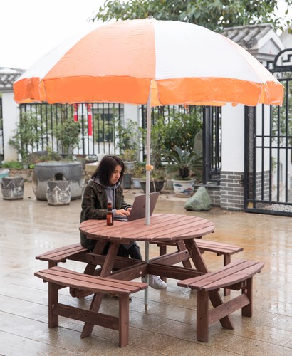 New Gardenised Outdoor Wooden Patio Deck Garden Round Picnic Table for 8, Brown