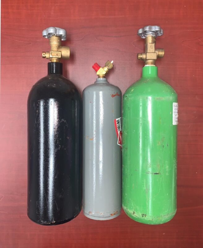 20CF Oxygen & Nitrogen, & 10CF Acetylene Tanks w CGA540, CGA580, & CGA200 Valves