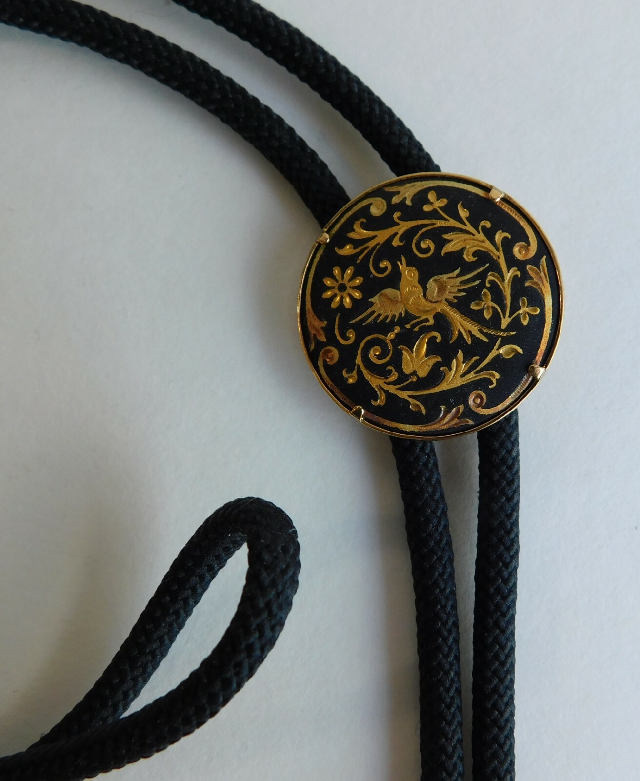 Vintage Spanish Damascene Gold Bird Inset Black Bolo Tie