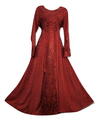 Maxi Dress Autumn Winter Festive RED Long Sleeve Corset Medieval Embroidered
