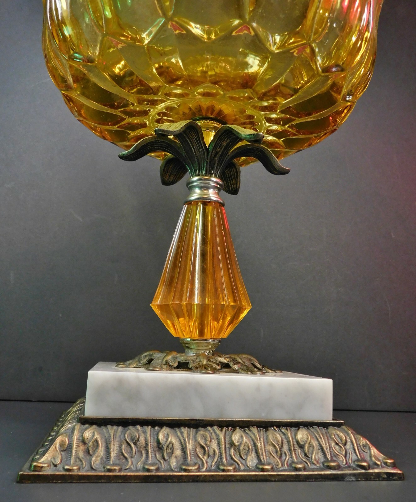 Vintage Hollywood Regency Amber Glass and Metal Compote Candy Dish