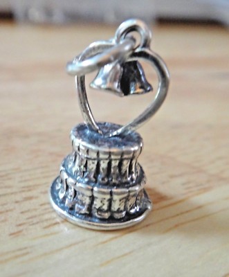 Sterling Silver 3D 19mm Wedding Cake w/ Bells Cake Topper Top Bride Groom Charm