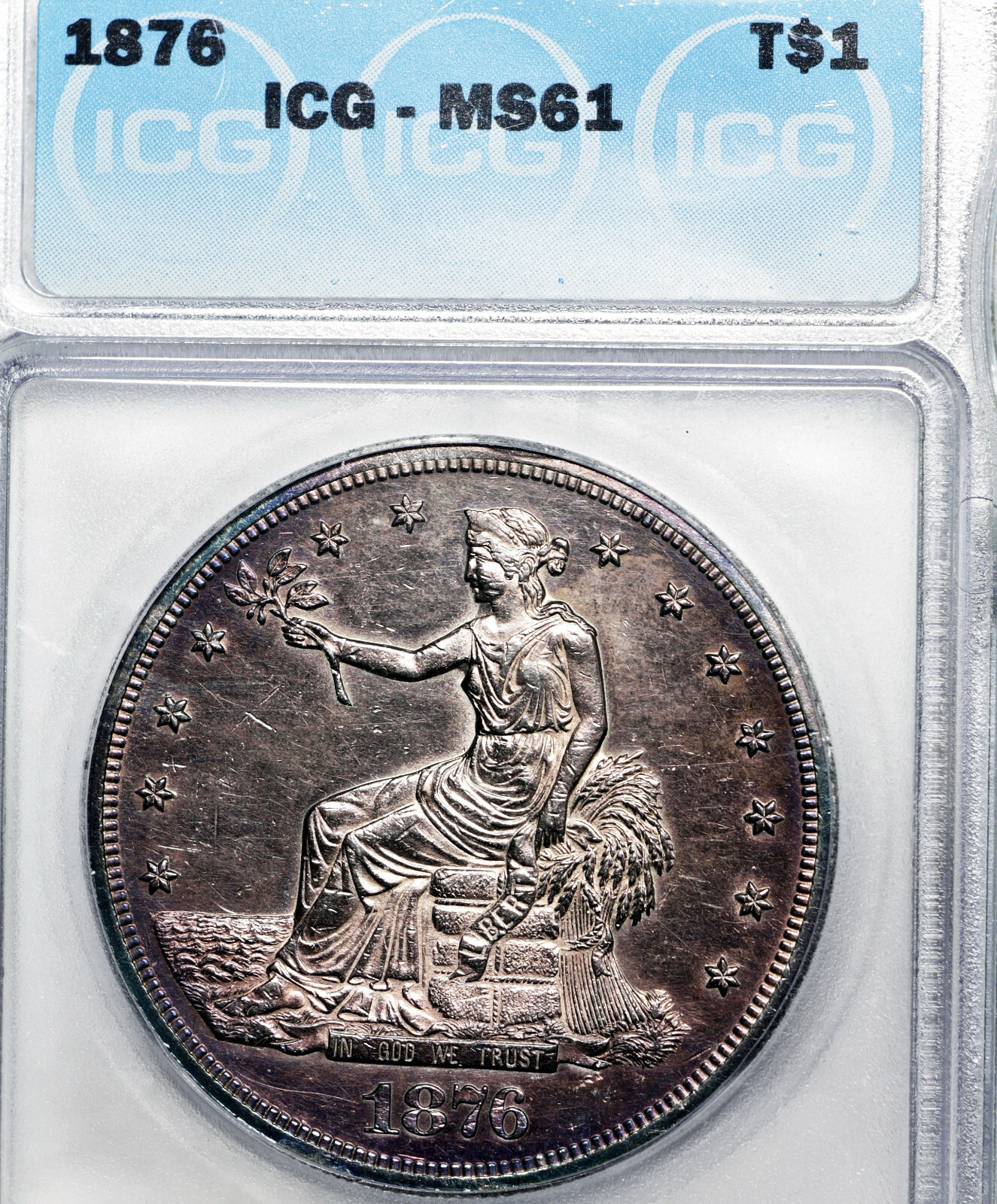 1876-P MS61 Trade Silver Dollar $1, ICG Graded, Nicely Toned & Prooflike Obverse