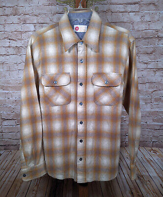 SEAR Vintage 1960's 70's Kings Road Wool Shadow Plaid Flannel Shirt Mens L (M )