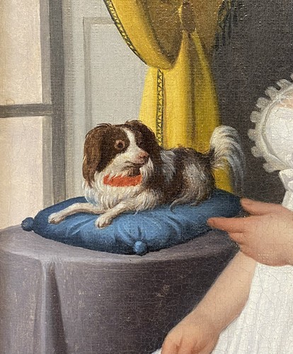 Exceptional c. 1810 French Empire Portrait of Lady & Dog on Pillow Oil on Canvas