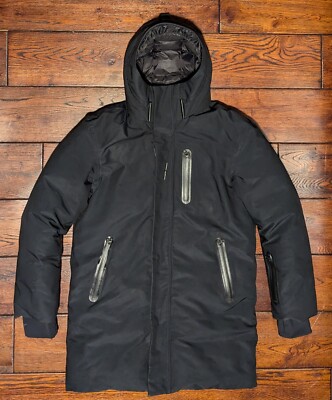 Mackage Men's Hooded Black Down w/ Leather PARKA Sz 42 - M - READ - NEEDS REPAIR